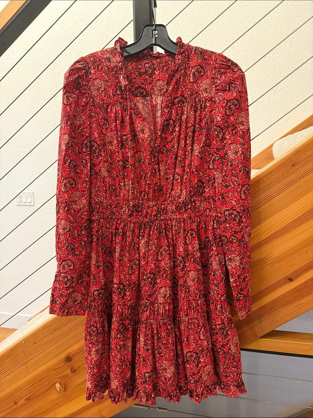 Ulla Johnson Red Paisley Tiered Long-Sleeve Dress